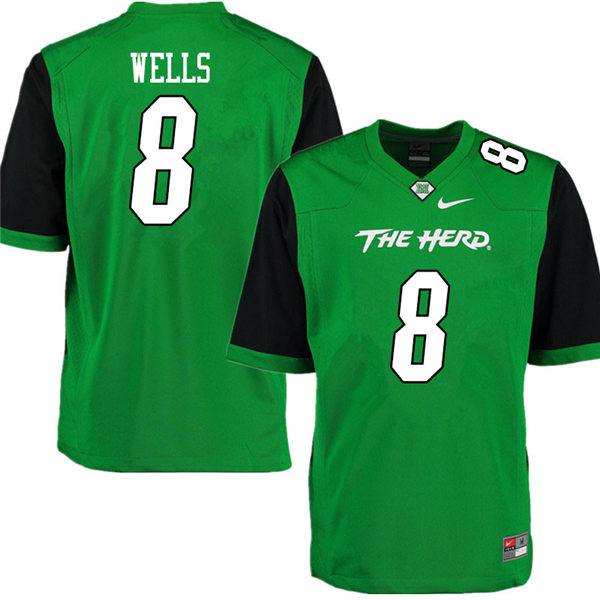 Mens Marshall Thundering Herd #8 Grant Wells 2012-19 Green Black Sleeves Nike College Football Game Jersey