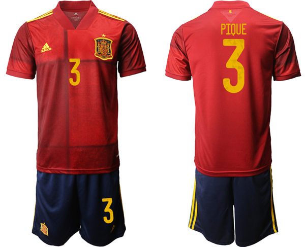 Mens Spain National Team #3 Gerard Pique 2021 Home Red Soccer Jersey Kit 
