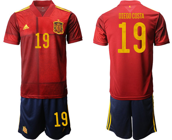 Mens Spain National Team #19 Diego Costa 2021 Home Red Soccer Jersey Kit 