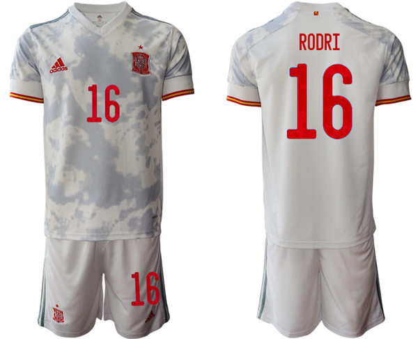 Mens Spain National Team #16 Rodri 2021 Away White Soccer Jersey Kit 