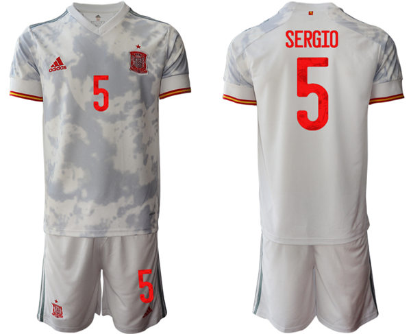 Mens Spain National Team #5 Sergio Busquets 2021 Away White Soccer Jersey Kit 