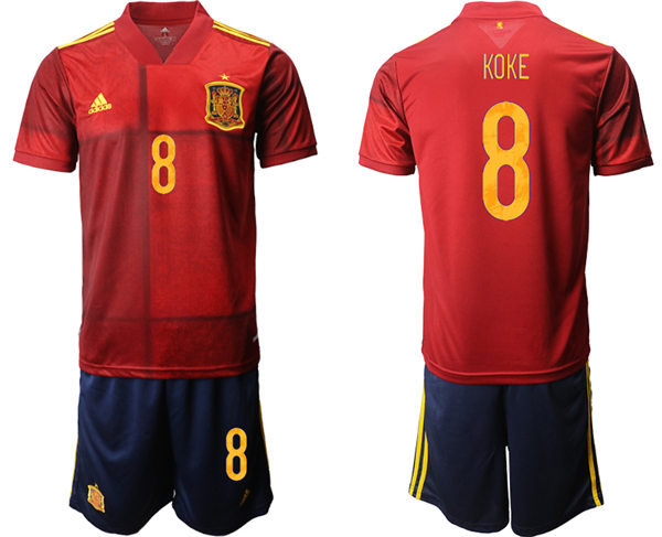 Mens Spain National Team #8 Koke 2021 Home Red Soccer Jersey Kit 