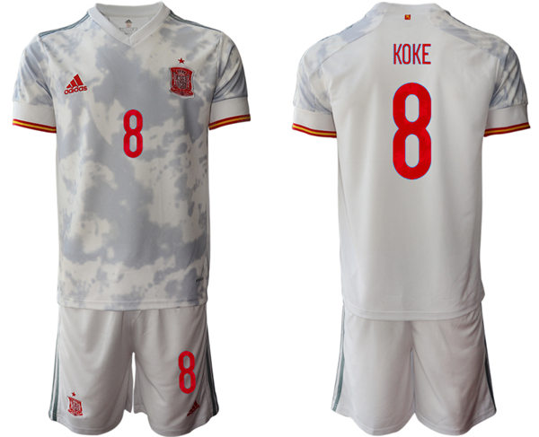 Mens Spain National Team #8 Koke 2021 Away White Soccer Jersey Kit 