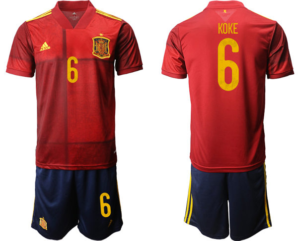 Mens Spain National Team #6 Koke 2021 Home Red Soccer Jersey Kit 