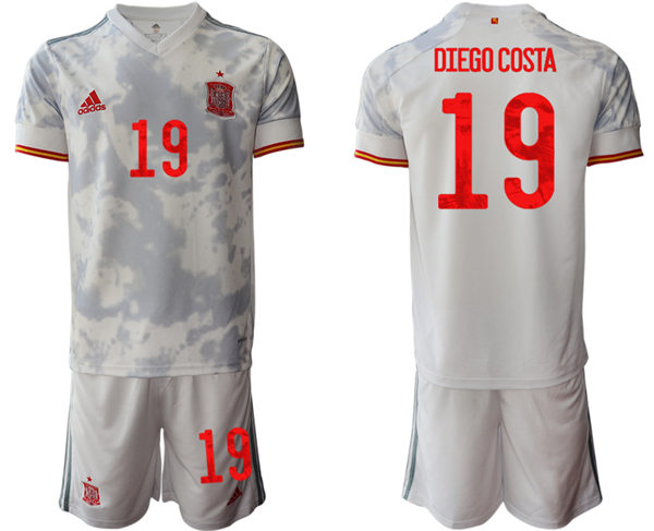 Mens Spain National Team #19 Diego Costa 2021 Away White Soccer Jersey Kit 