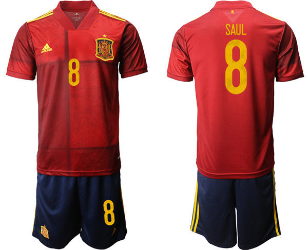 Mens Spain National Team #8 Saul Niguez 2021 Home Red Soccer Jersey Kit 