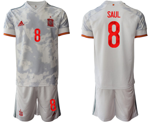 Mens Spain National Team #8 Saul Niguez 2021 Away White Soccer Jersey Kit 