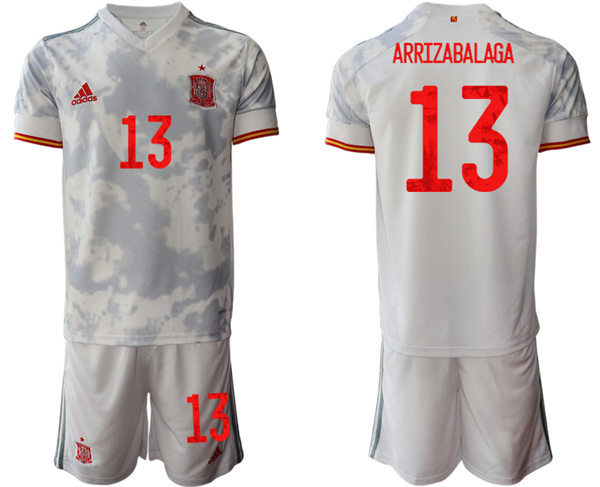 Mens Spain National Team #13 Kepa Arrizabalaga 2021 Away White Soccer Jersey Kit 