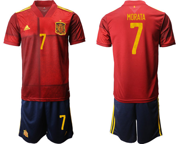 Mens Spain National Team #7 Alvaro Morata 2021 Home Red Soccer Jersey Kit 