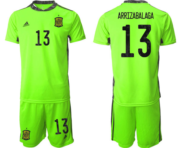 Mens Spain National Team #13 Kepa Arrizabalaga fluorescent green goalkeeper Soccer Jersey Suit