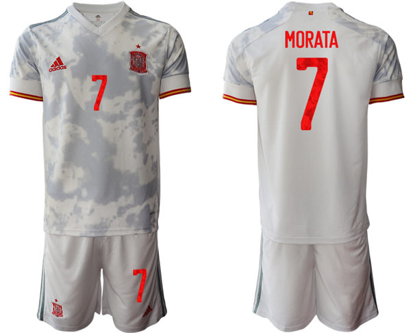Mens Spain National Team #7 Alvaro Morata 2021 Away White Soccer Jersey Kit 