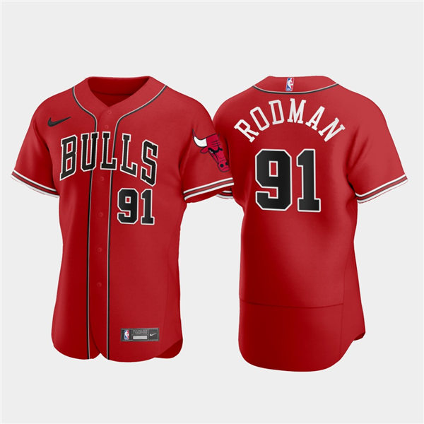 Mens Chicago Bulls #91 Dennis Rodman Nike Red NBA MLB Crossover Baseball Jersey