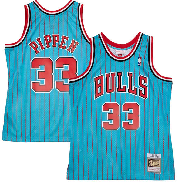 Mens Chicago Bulls #33 Scottie Pippen Blue Pinstripe Mitchell & Ness 1995-96 Hardwood Classics Reload Swingman Jersey