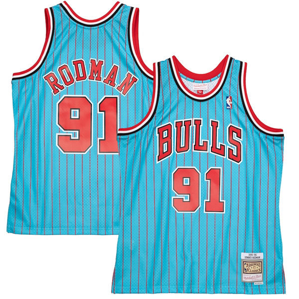 Mens Chicago Bulls #91 Dennis Rodman Blue Pinstripe Mitchell & Ness 1995-96 Hardwood Classics Reload Swingman Jersey