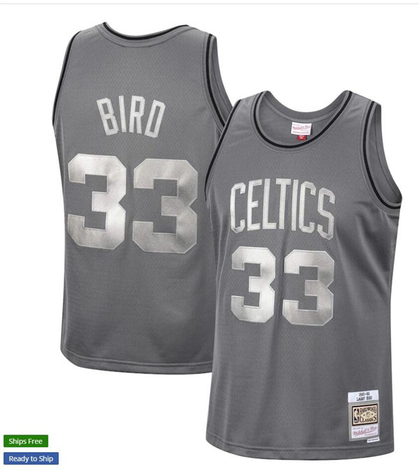 Mens Boston Celtics Retired Player #33 Larry Bird Charcoal 1985-86 Mitchell & Ness Hardwood Classics Metal Works Jersey