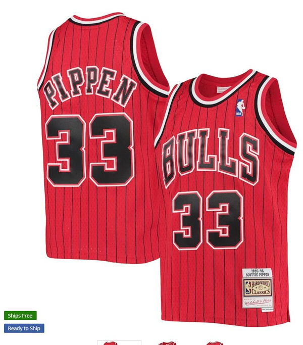 Mens Chicago Bulls #33 Scottie Pippen Red Pinstripe  Mitchell & Ness 1995-96 Hardwood Classics Reload Swingman Jersey