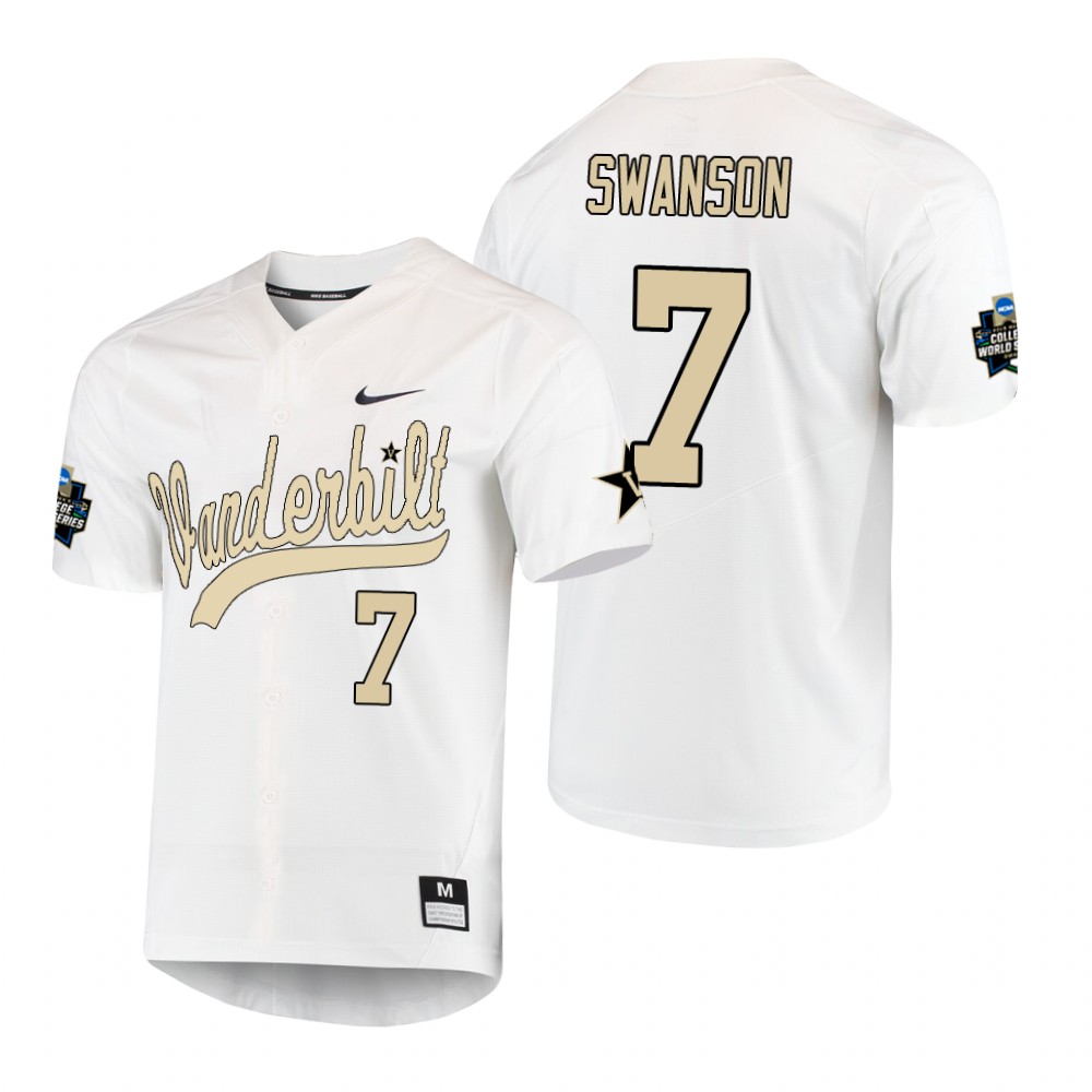 Men's Vanderbilt Commodores #7 Dansby Swanson White 2019 NCAA Baseball World Series Jersey