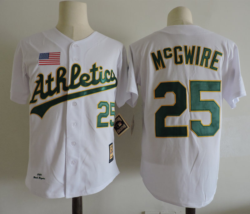 Men's Oakland Athletics #25 Mark Mcgwire White 1989 World Series Mitchell & Ness Cooperstown Throwback Jersey