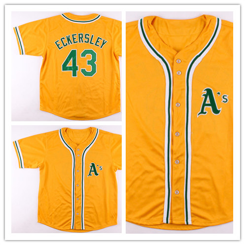 Mens Oakland Athletics #43 DENNIS ECKERSLEY Yellow Majestic Cooperstown Throwback Baseball Jersey