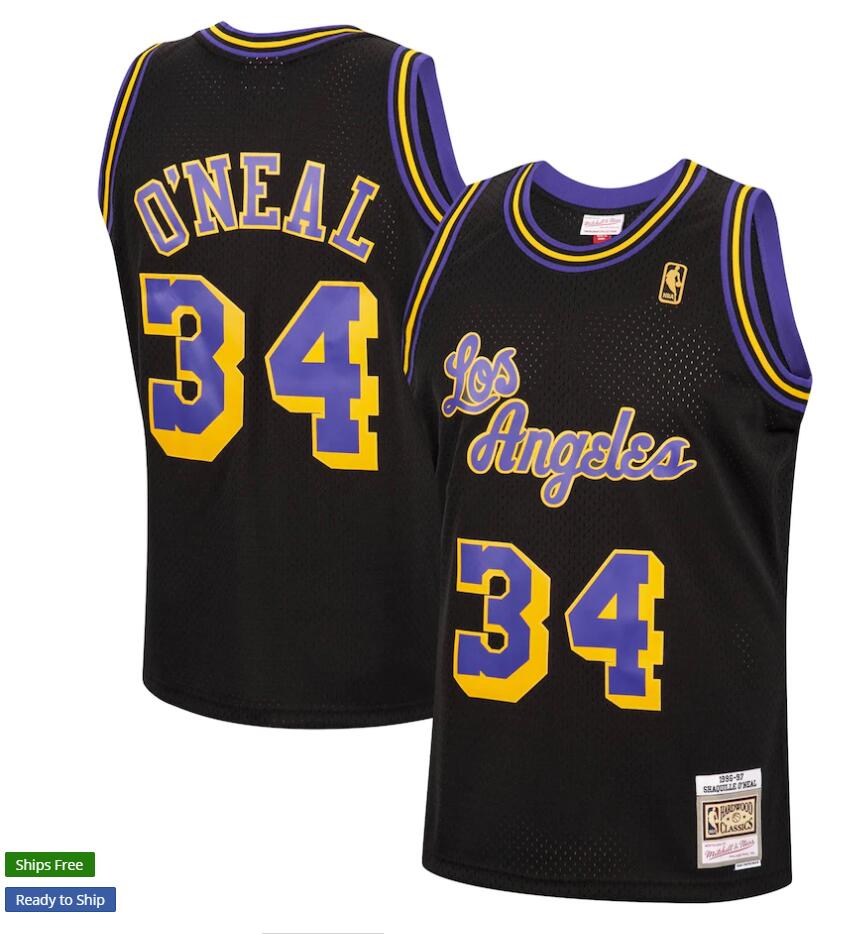 Mens Los Angeles Lakers #34 Shaquille O'Neal Black Mitchell & Ness 1996-97 Hardwood Classics Reload Swingman Jersey
