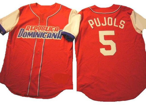 Mens Dominican Republic Baseball Team #5 Albert Pujols Majestic Red 2007 World Baseball Classic Jersey