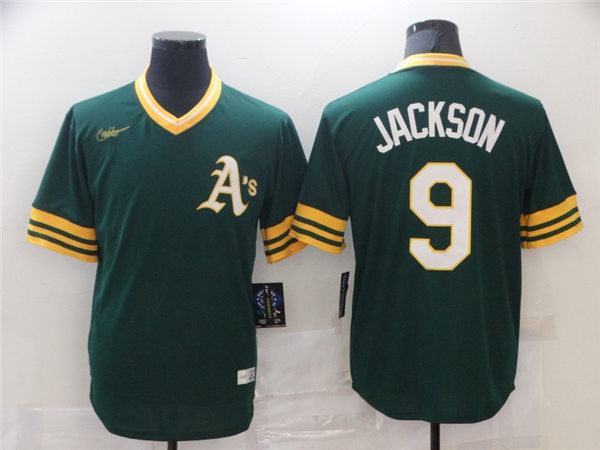 Men's Oakland Athletics Retired Player #9 Reggie Jackson Nike Green Pullover Cooperstown Jersey