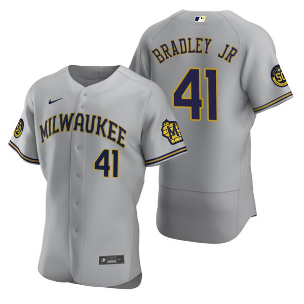  Men's Milwaukee Brewers #41 Jackie Bradley Jr. Nike Gray Road FlexBase Jersey