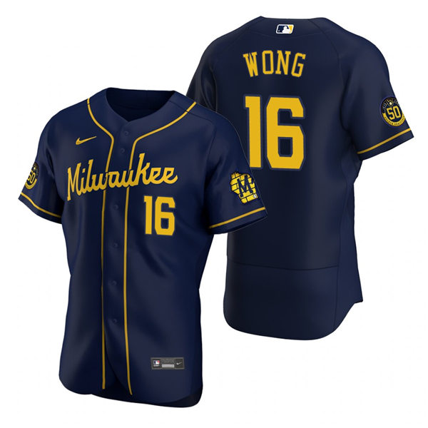 Men's Milwaukee Brewers #16 Kolten Wong Nike Navy Alternate Flex Base Jersey