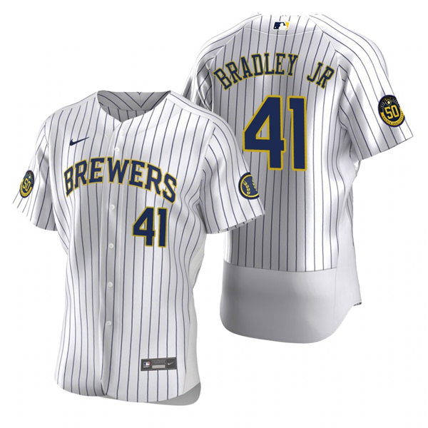  Men's Milwaukee Brewers #41 Jackie Bradley Jr. Nike White Pinstripe Alternate FlexBase Jersey