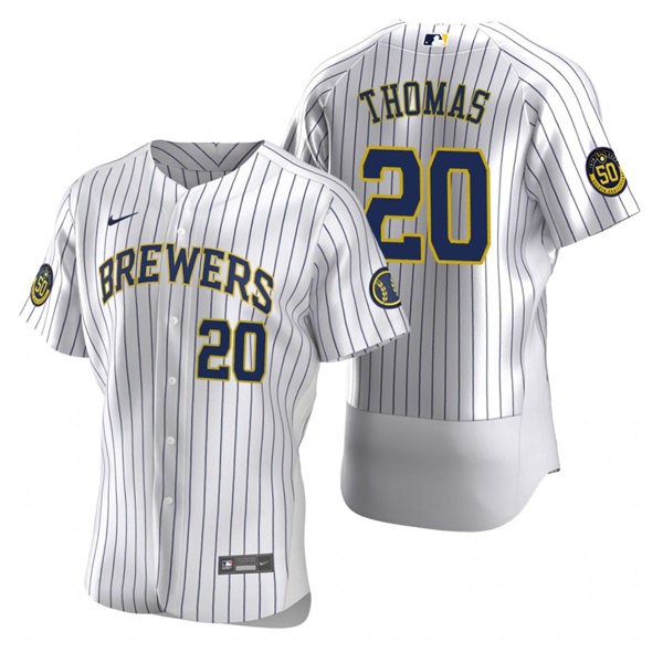 Mens Milwaukee Brewers Retired Player #20 Gorman Thomas Nike White Pinstripe Alternate FlexBase Jersey