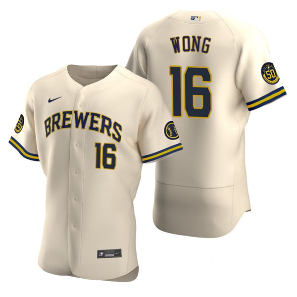 Men's Milwaukee Brewers #16 Kolten Wong Nike Cream Home FlexBase Jersey