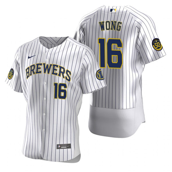 Men's Milwaukee Brewers #16 Kolten Wong Nike White Pinstripe Alternate FlexBase Jersey