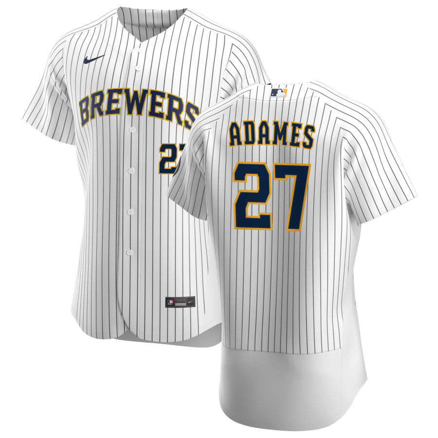 Men's Milwaukee Brewers #27 Willy Adames Nike White Pinstripe Alternate FlexBase Jersey