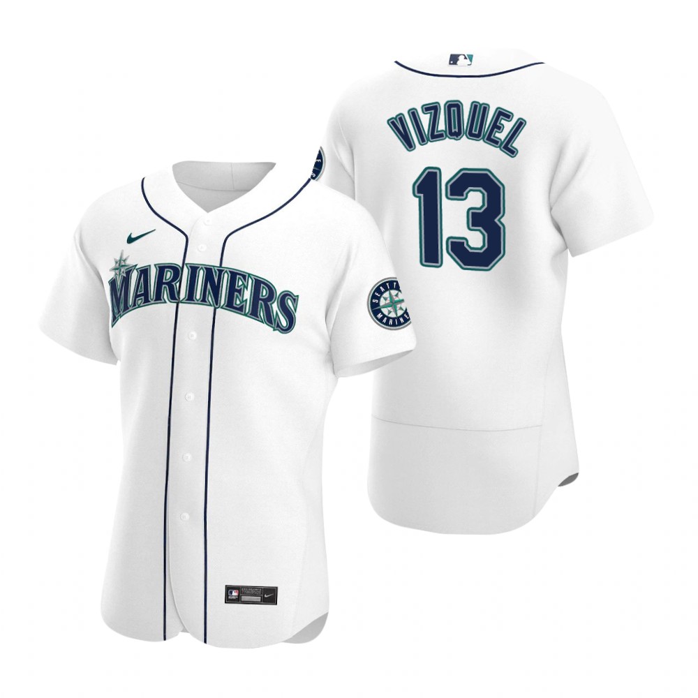 Men's Seattle Mariners Retired Player #13 Omar Vizquel Stitched Nike White FlexBase Jersey