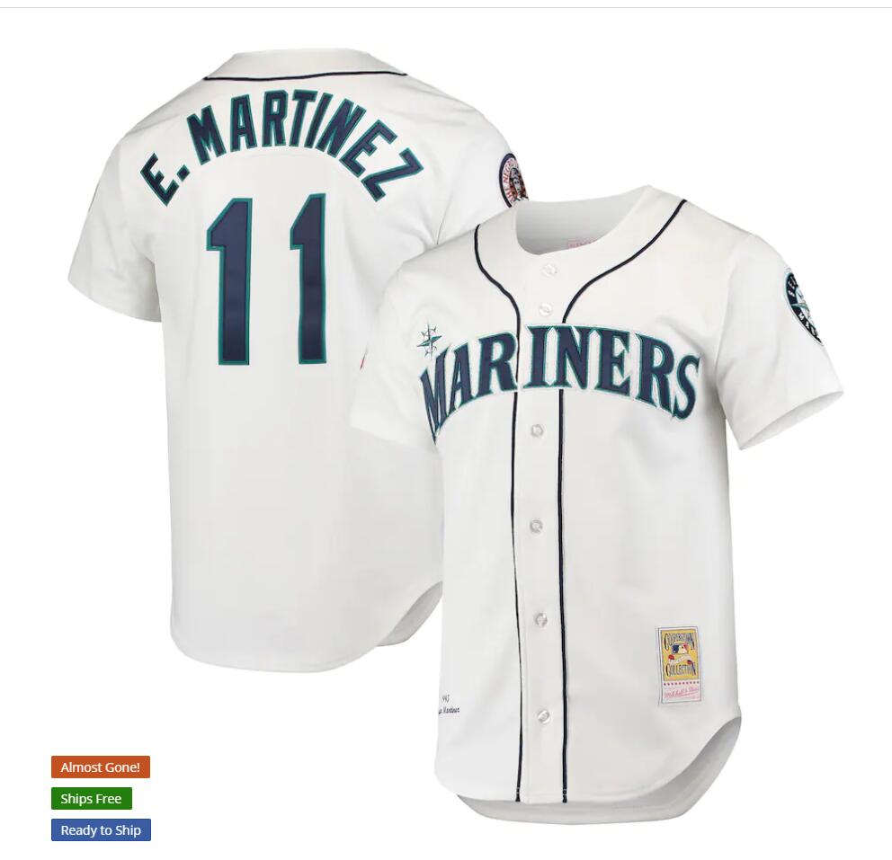 Men's Seattle Mariners #11 Edgar Martinez Mitchell & Ness White 1995 Cooperstown Collection Throwback Jersey
