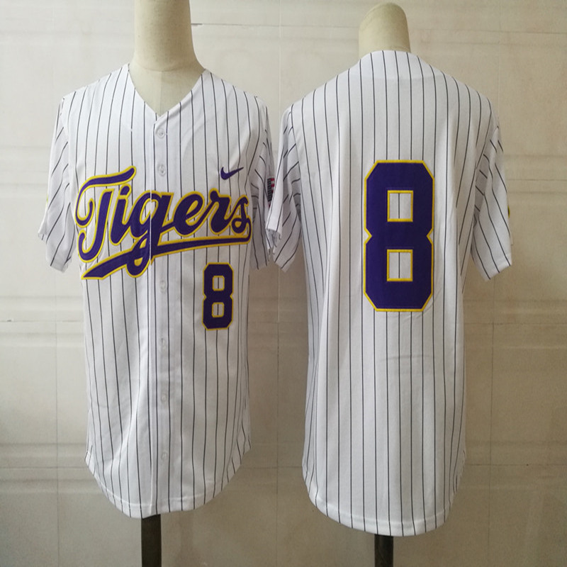 Mens LSU Tigers #8 Antoine Duplantis Nike White Pinstripe College Baseball Jersey