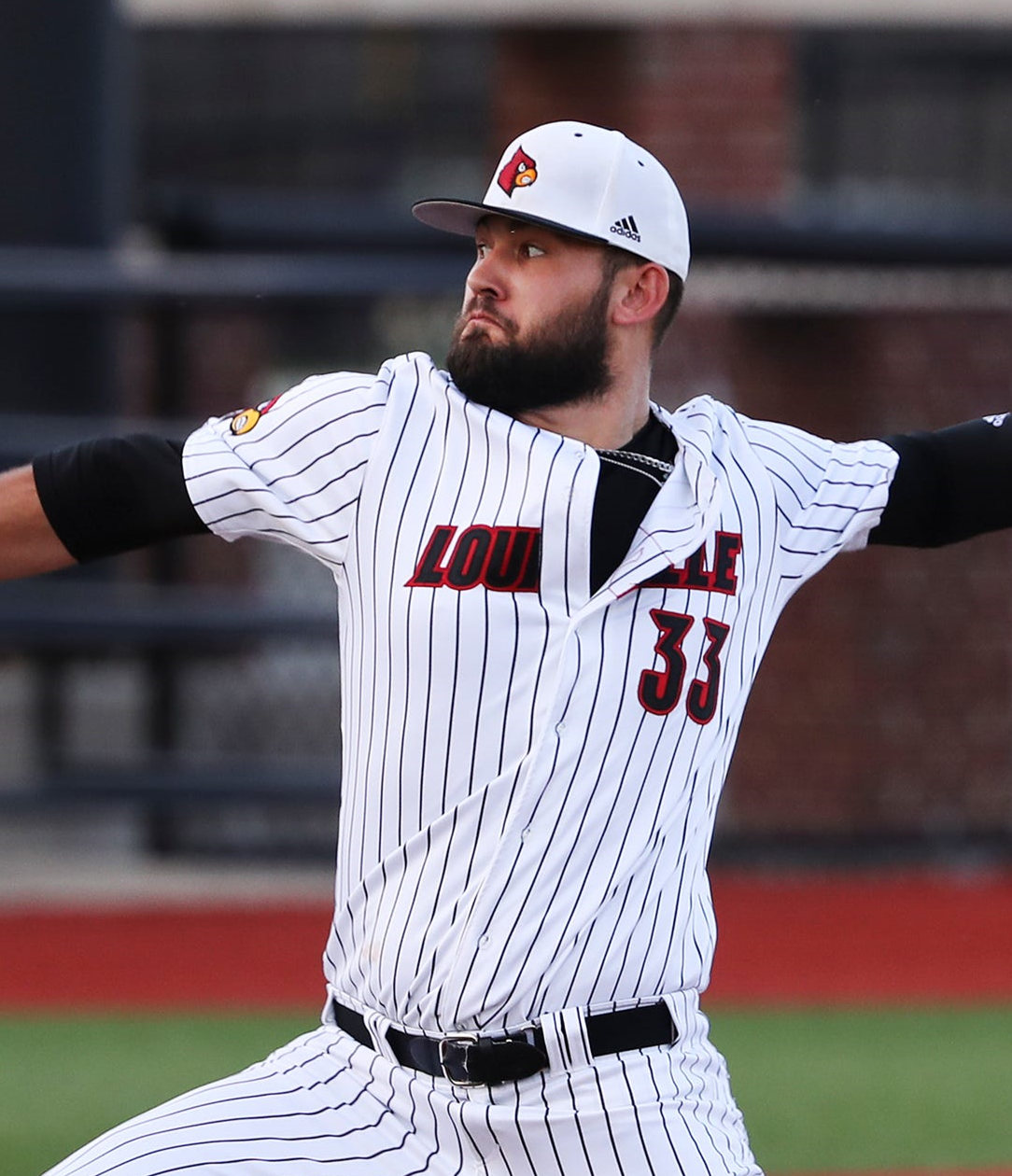 Mens Louisville Cardinals #33 Michael Kirian White Pinstripe Adidas College Baseball Jersey