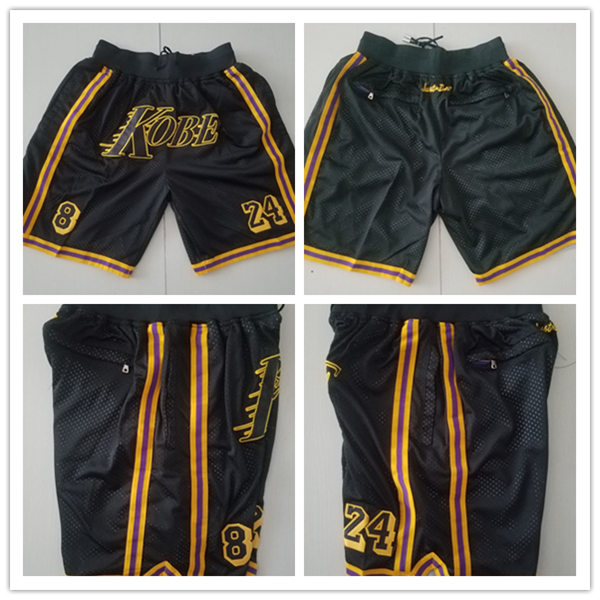 Mens Los Angeles Lakers #8#24 Kobe Bryant Black Gold Justdon 4 Pockets Shorts