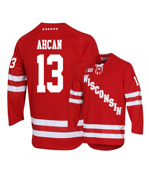 Mens Wisconsin Badgers #13 Roman Ahcan Under Armour Cardinal College Hockey Game Jersey