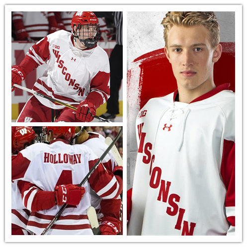 Mens Wisconsin Badgers #4 Dylan Holloway Under Armour White College Hockey Game Jersey