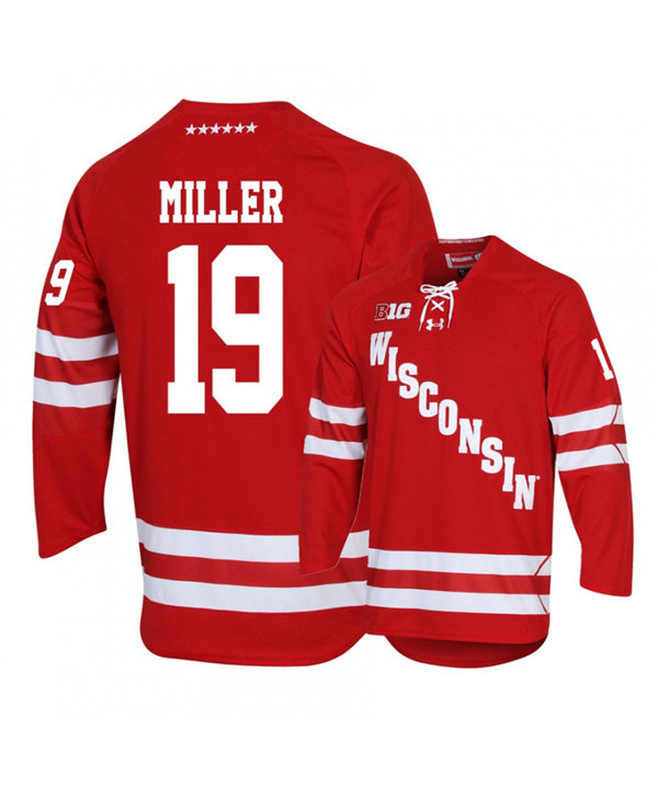 Mens Wisconsin Badgers #19 K'Andre Miller Under Armour Cardinal College Hockey Game Jersey