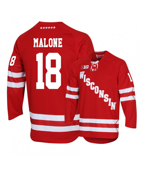 Mens Wisconsin Badgers #18 Seamus Malone Under Armour Cardinal College Hockey Game Jersey
