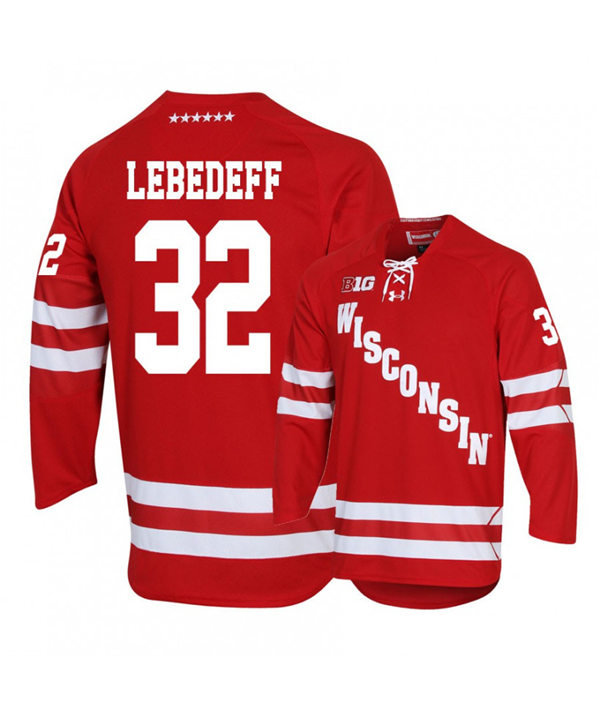 Mens Wisconsin Badgers #32 Daniel Lebedeff Under Armour Cardinal College Hockey Game Jersey