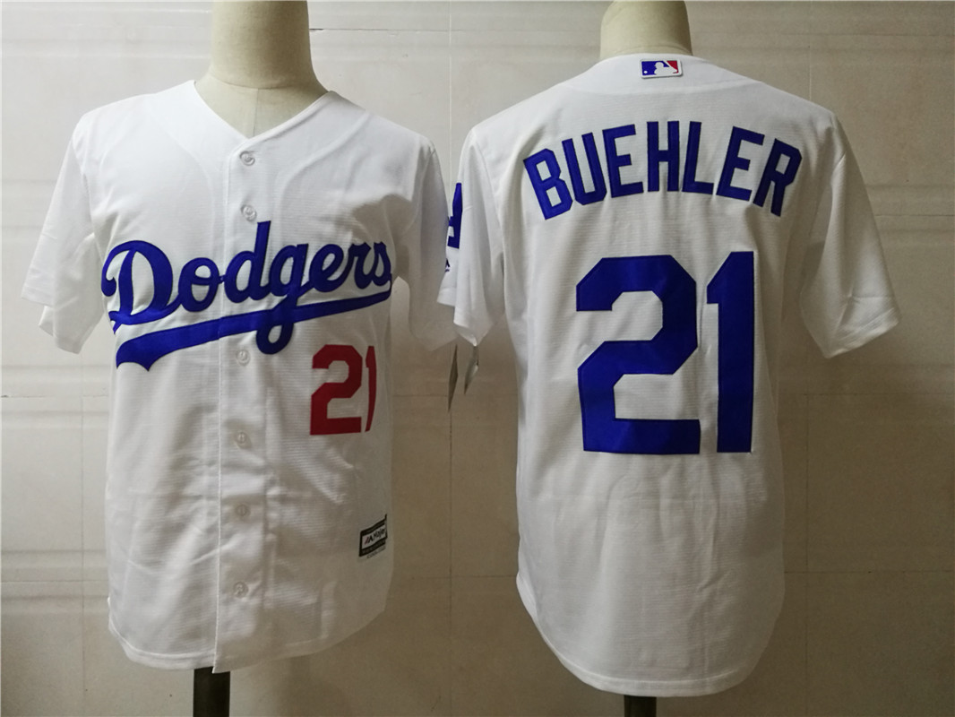 Mens Los Angeles Dodgers #21 Walker Buehler Majextic White Cool Base jersey
