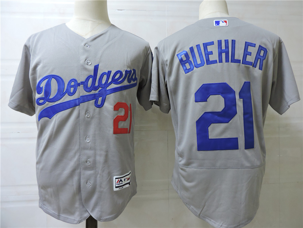 Mens Los Angeles Dodgers #21 Walker Buehler  Majextic Grey Flex base Baseball Jersey