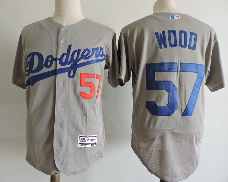Mens Los Angeles Dodgers #57 Alex Wood Majextic Grey Flex base Jersey
