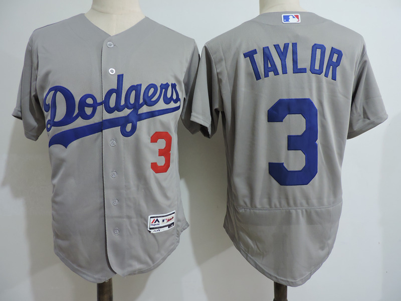 Mens Los Angeles Dodgers #3 Chris Taylor Majestic Grey Flex base Baseball Jersey