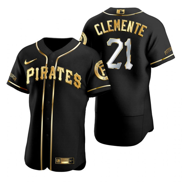 Mens Pittsburgh Pirates #21 Roberto Clemente Nike Black Golden Edition Stitched Jersey