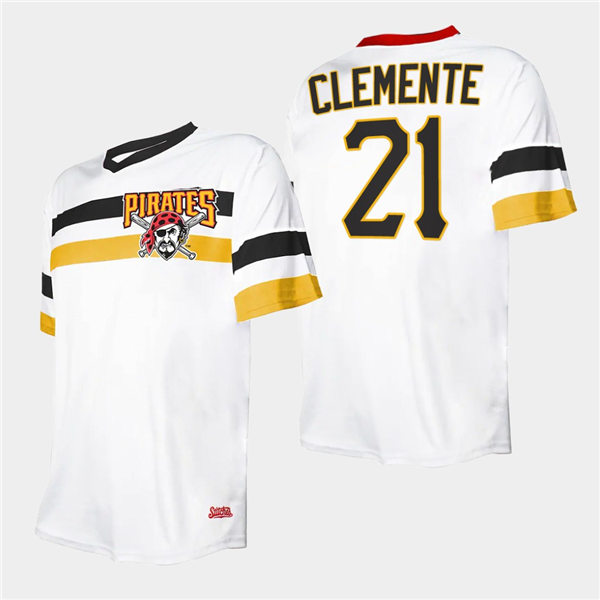 Mens Pittsburgh Pirates Retired Player #21 Roberto Clemente White V-Neck Cooperstown Collection Jersey 