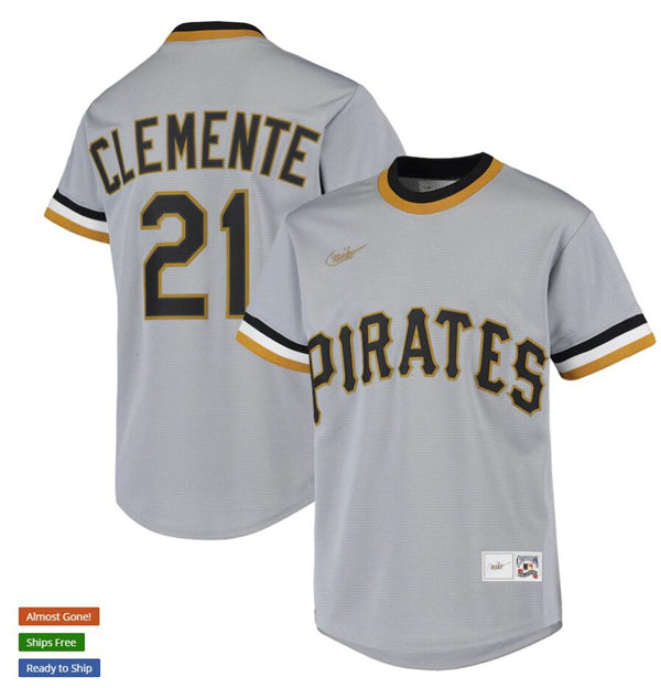 Youth Pittsburgh Pirates Retired Player #21 Roberto Clemente Nike Gray Cooperstown Collection Jersey